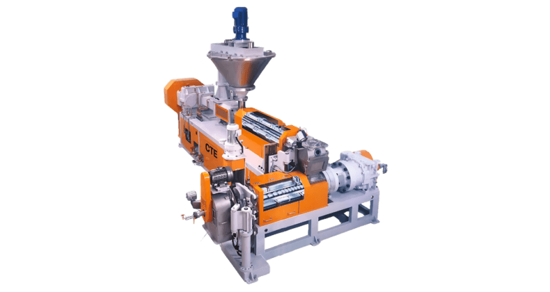 CTE's HTM Tandem Compounding Twin-Screw Extruder, an upgraded system combining twin-screw and large-diameter single-screw sections, designed for exceptional performance in high-filler compounding and recycled pellet production.