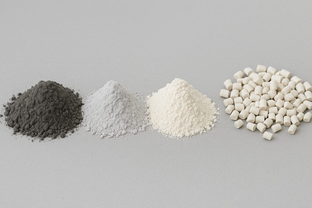 Polymer pellets and various filler materials used in compounding, including powders and granulated additives.