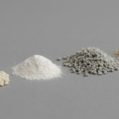 Various fillers and powder materials used in high-filler compounding, including talc, calcium carbonate, and processed pellets.