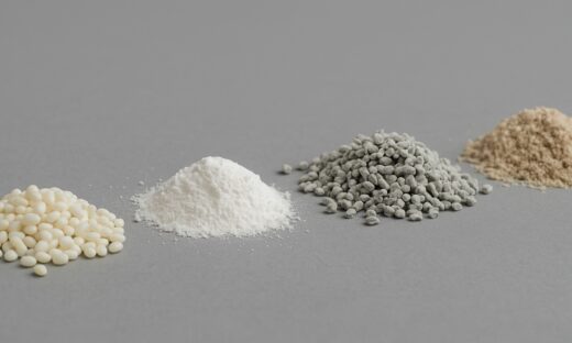 Various fillers and powder materials used in high-filler compounding, including talc, calcium carbonate, and processed pellets.
