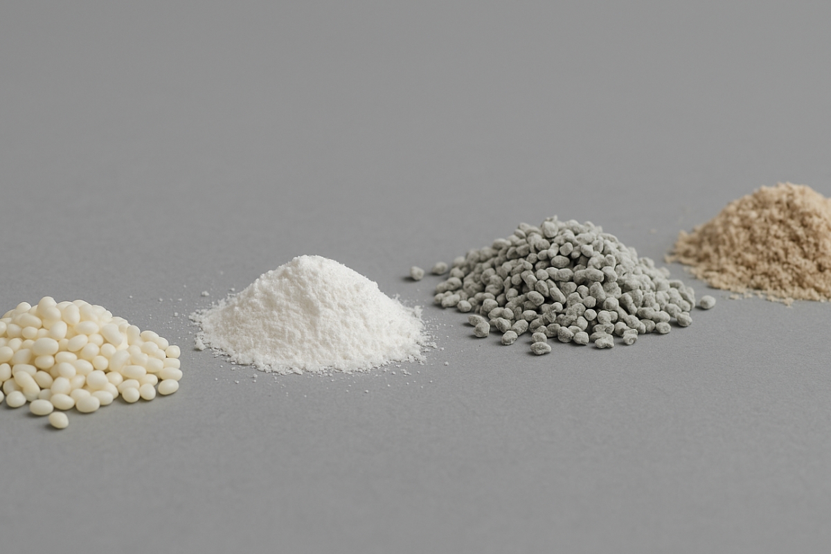 Various fillers and powder materials used in high-filler compounding, including talc, calcium carbonate, and processed pellets.