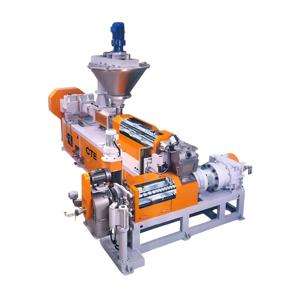 HTM Tandem Twin-Screw Extruder combines counter-rotating and non-intermeshing screw systems, ideal for high-filler compounding and recycled pellet production.