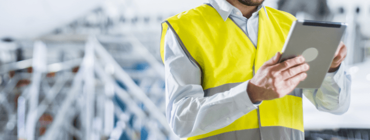 Technician in a high-visibility vest performing digital maintenance checks on industrial machinery using a tablet representing maintenance team of CTE.