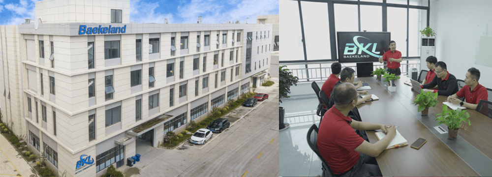 Exterior view of Baekeland's headquarters, CTE's conical extruder partner in China, alongside a meeting of Baekeland team members discussing business strategies.