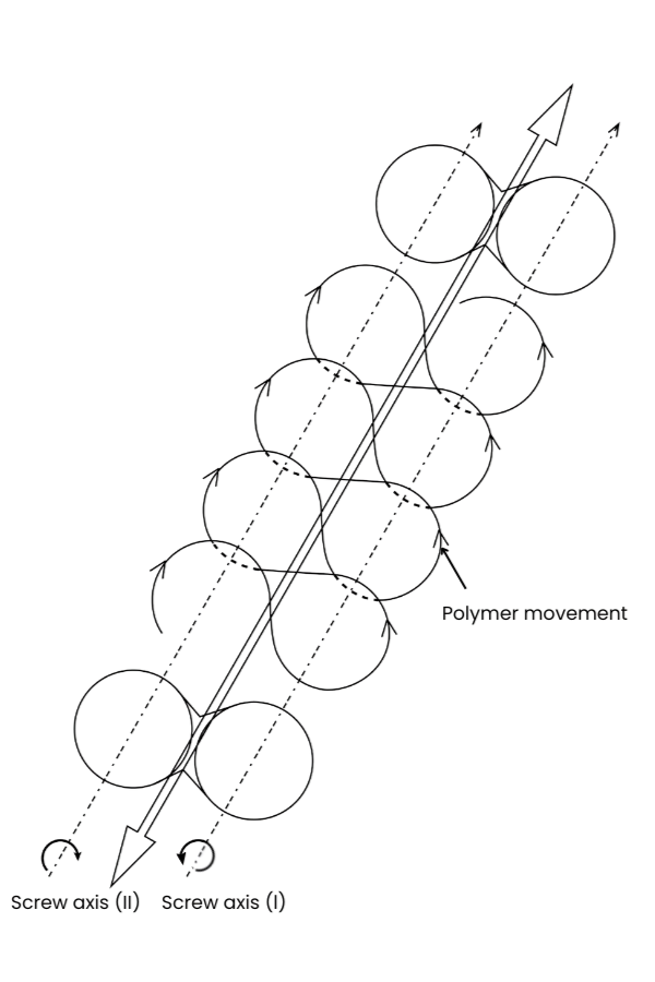 Diagram showing the screw mechanism inside a twin-screw extruder. Two screw shafts (I and II) rotate in opposite directions, with arrows indicating the helical movement of polymer material through the intermeshing screws.
