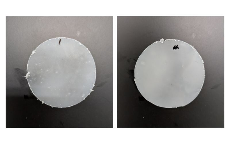 Comparison of press sheet samples showing dispersion quality. The left sample (1) indicates poor dispersion with visible defects, while the right sample (4) demonstrates improved dispersion and uniformity, achieved through optimized extrusion conditions.