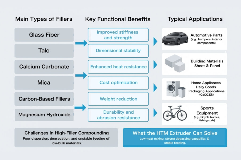 Diagram showing filler types, functional benefits, and application areas with high-filler compounding challenges and solutions.
