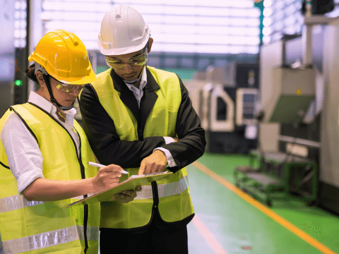 Two professionals in safety vests and hard hats discussing a project while reviewing a clipboard in an industrial setting, representing CTE's global partnership in manufacturing and technology