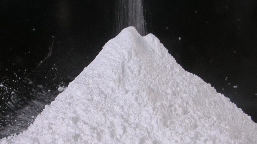 Fine talc powder used as a filler in polymer compounding processes.