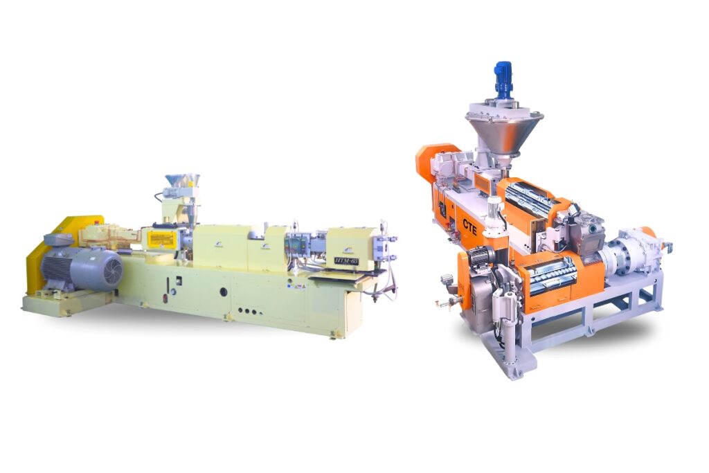 CTE HTM Series Twin-Screw Extruder featuring counter-rotating, non-intermeshing screw technology for high-filler and recycled material compounding.